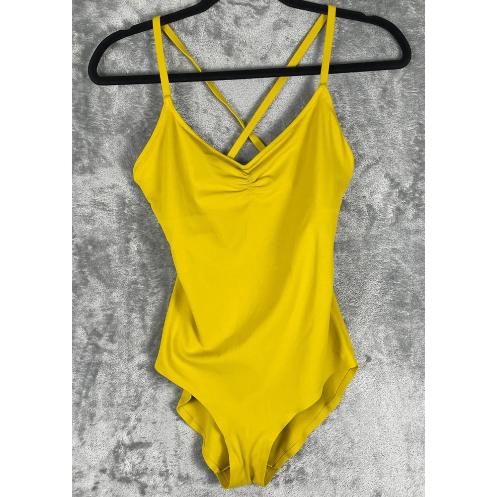 Athleta Avant Bodysuit Womens Small Yellow Cross Back‎ Ruched V-Neck Athletic
